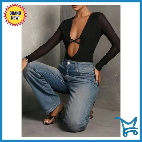 Deep V Neck Long Sleeve Bodysuit - Stretchy Party Top - Size XS-XXXXL - Picture 4 of 8